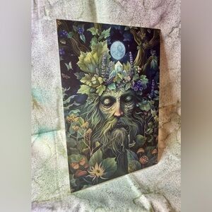 4”x5.75” Cottagecore Green man with moon in Foliage and flowers Art Print scrap